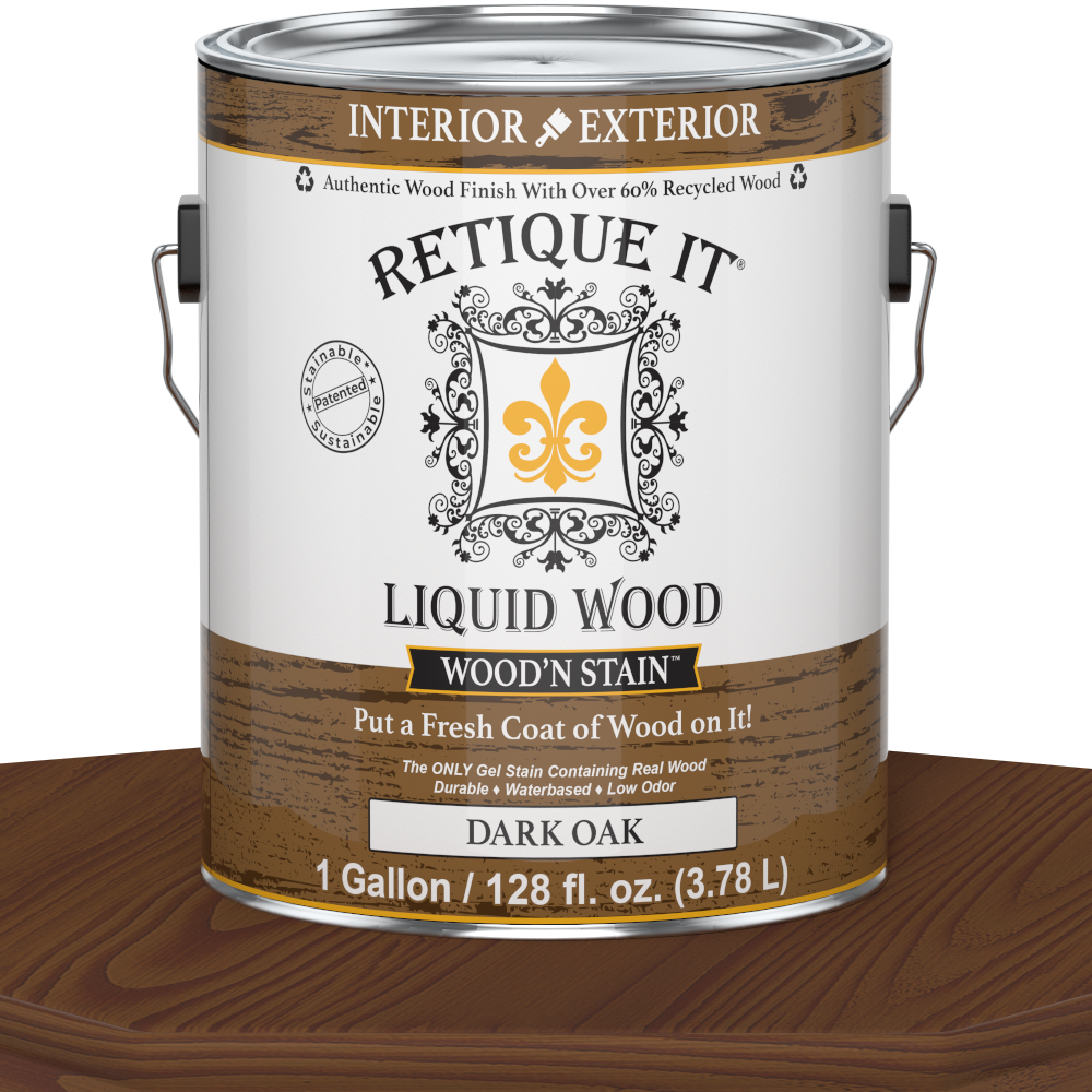 Liquid Wood Wood'n Stain by Retique It in Dark Oak, 128 oz, showcasing the dark oak stain applied to wood surface.