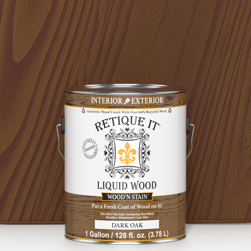Liquid Wood Wood'n Stain in Dark Oak color, 128 oz bottle by Retique It, showing the stain's dark oak finish and packaging.