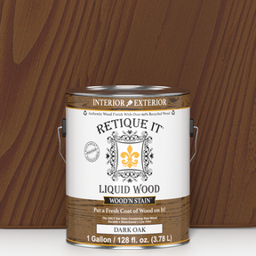 Liquid Wood Wood'n Stain in Dark Oak color, 128 oz bottle by Retique It, showing the stain's dark oak finish and packaging.
