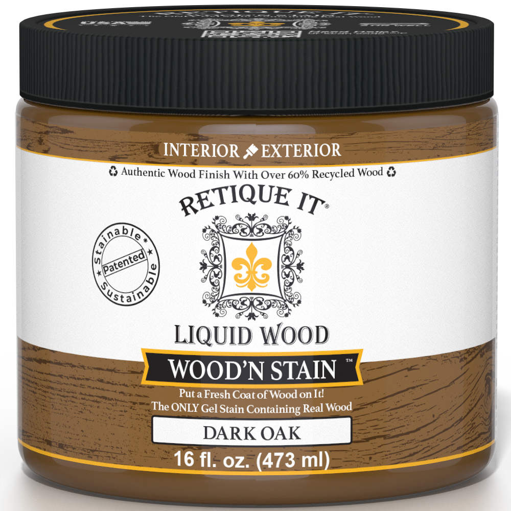 Retique It Liquid Wood Wood'n Stain in 16 oz Dark Oak, showcasing a dark oak wood stain applied to wood surface.