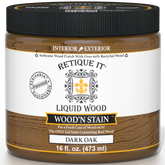 Retique It Liquid Wood Wood'n Stain in 16 oz Dark Oak, showcasing a dark oak wood stain applied to wood surface.