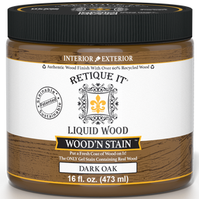 Retique It Liquid Wood Wood'n Stain in 16 oz Dark Oak, showcasing a dark oak wood stain applied to wood surface.