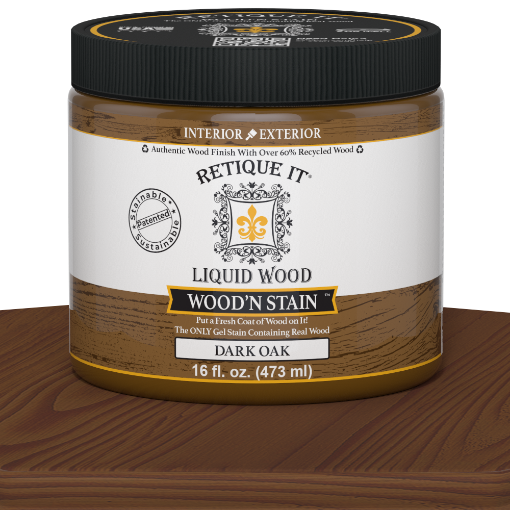 Liquid Wood Wood'n Stain in Dark Oak by Retique It shows a 16 oz container of dark oak stain for wood finishing.