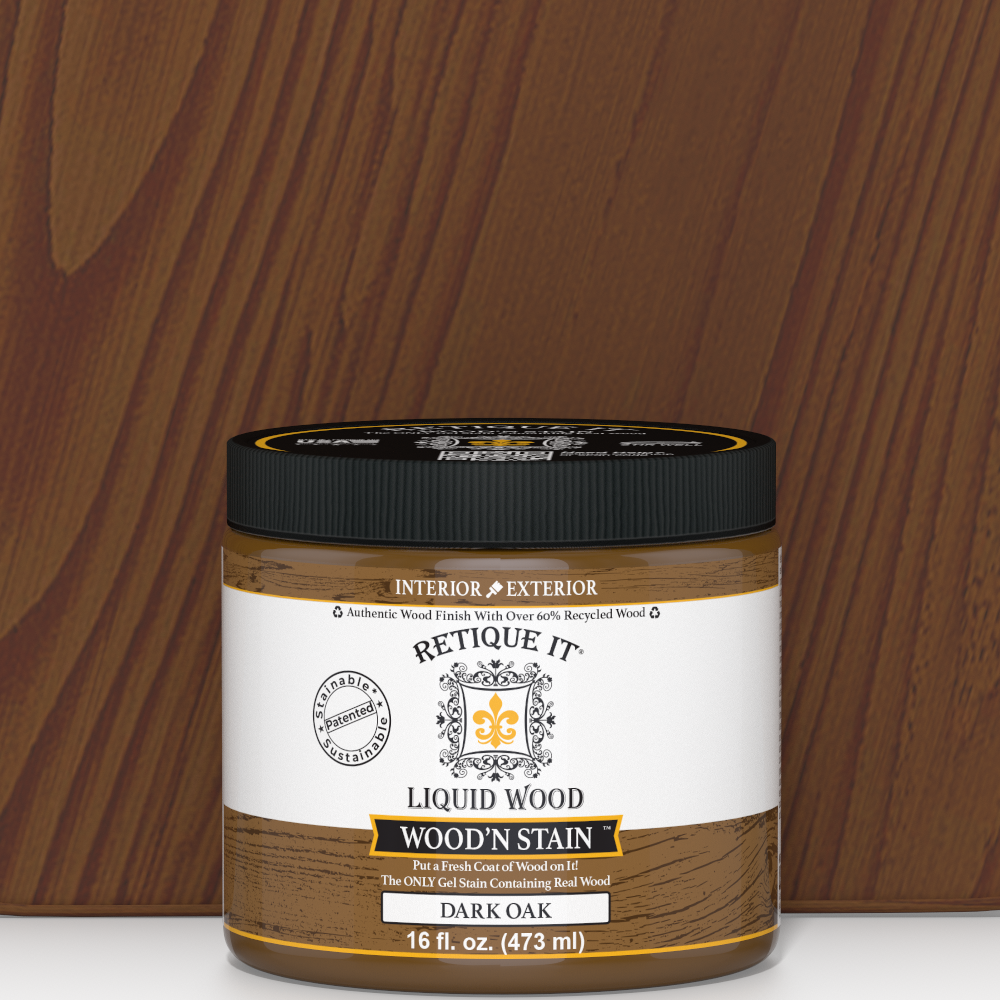 Retique It Liquid Wood Wood'n Stain in 16 oz Dark Oak, showcasing the rich, deep color and smooth application of the wood stain.