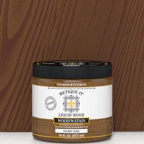 Retique It Liquid Wood Wood'n Stain in 16 oz Dark Oak, showcasing the rich, deep color and smooth application of the wood stain.