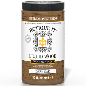 Liquid Wood Wood'n Stain in Dark Oak by Retique It, 32 oz bottle showing the dark oak stain color and product label.
