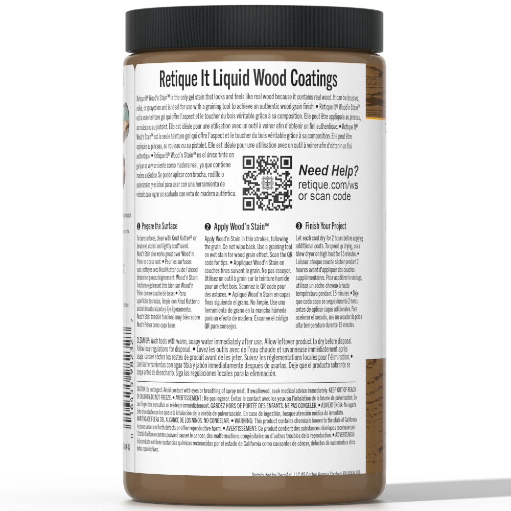 Dark Oak Liquid Wood Wood'n Stain by Retique It in 32 oz bottle, showing the stain's rich dark wood finish.