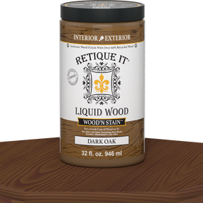 Retique It Liquid Wood Wood'n Stain in Dark Oak, 32 oz bottle, showcasing the rich, deep wood stain color for furniture and decor.