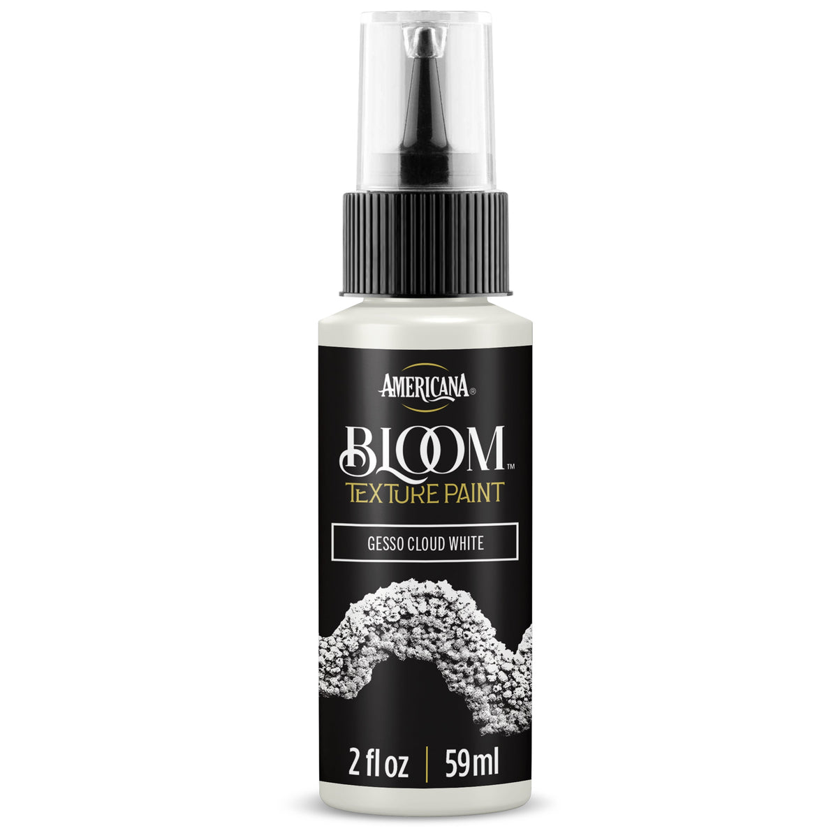 DecoArt Bloom Texture Paint Gesso in Cloud White, showing a textured gesso surface with a smooth, matte finish.