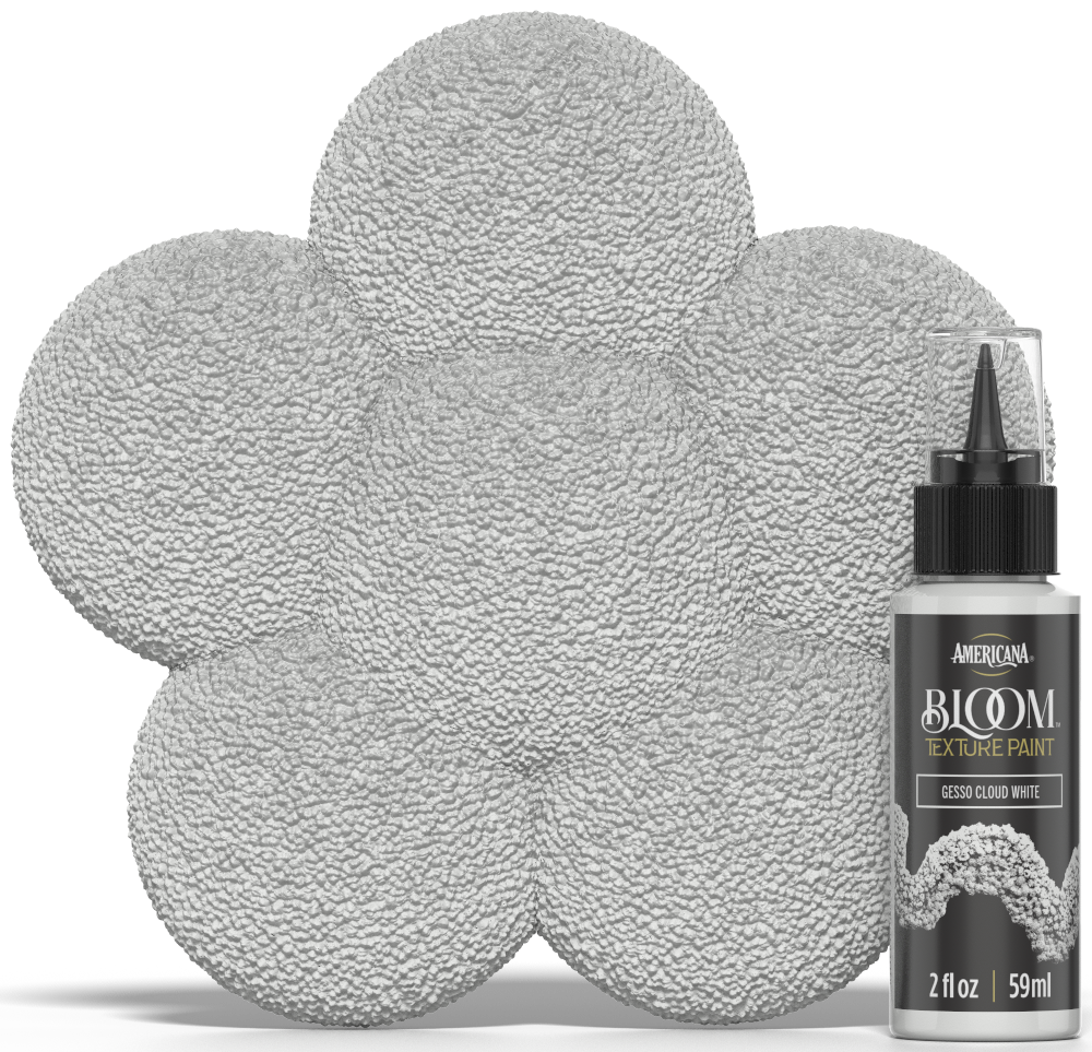 Retique It® Bloom Texture Paint 4-pack in Gesso Cloud White, shown in front of color swatch, highlighting textured paint finish.