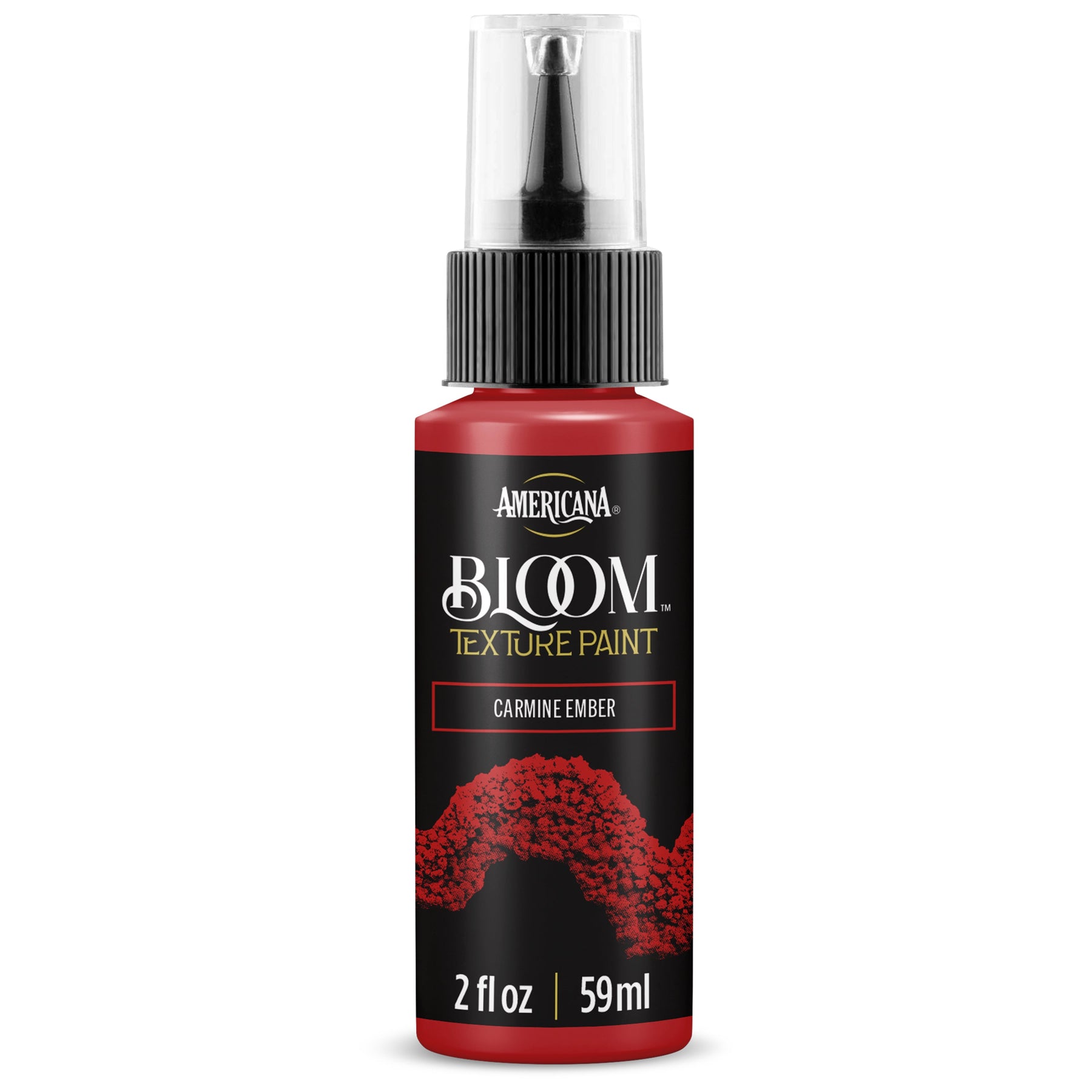DecoArt Bloom Texture Paint in Carmine Ember showing a textured, vibrant red-orange paint application on a canvas.