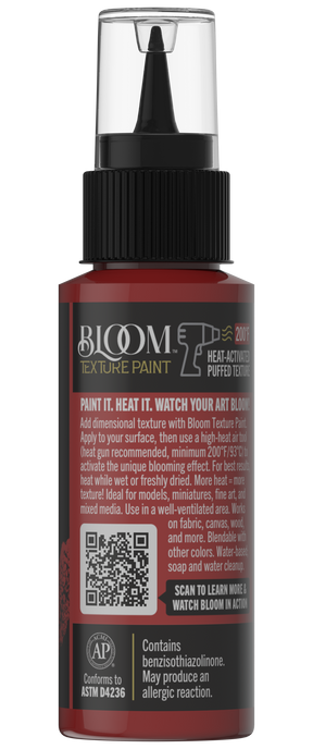 Retique It® Bloom Texture Paint 4-pack in Carmine Ember, showing textured paint cans with vibrant reddish-orange finish.