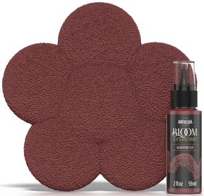 Retique It® Bloom Texture Paint 4pk in Bloodstone Clay displayed next to color swatch, showcasing textured paint bottles.