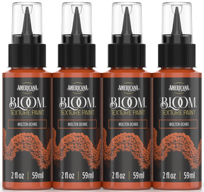 Four bottles of Retique It® Bloom Texture Paint in Molten Ochre, showcasing the textured paint bottles with labels and caps.