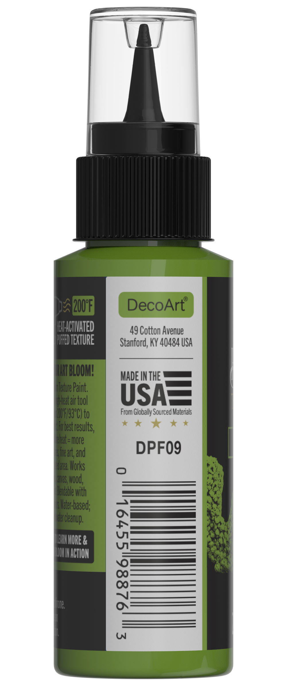 Retique It® Bloom Texture Paint 4-pack in Verdant Pulse, showing textured paint cans with vibrant green finish and artistic background.