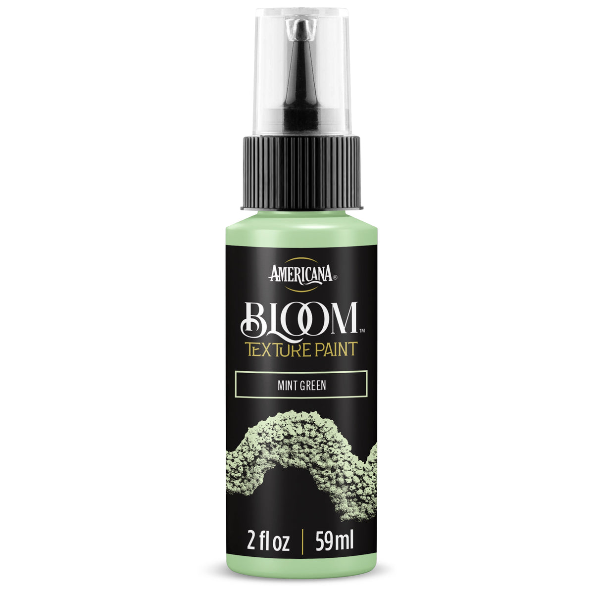 DecoArt Bloom Texture Paint in Mint Green, showcasing a textured paint swatch with a vibrant mint color and floral-inspired surface design.