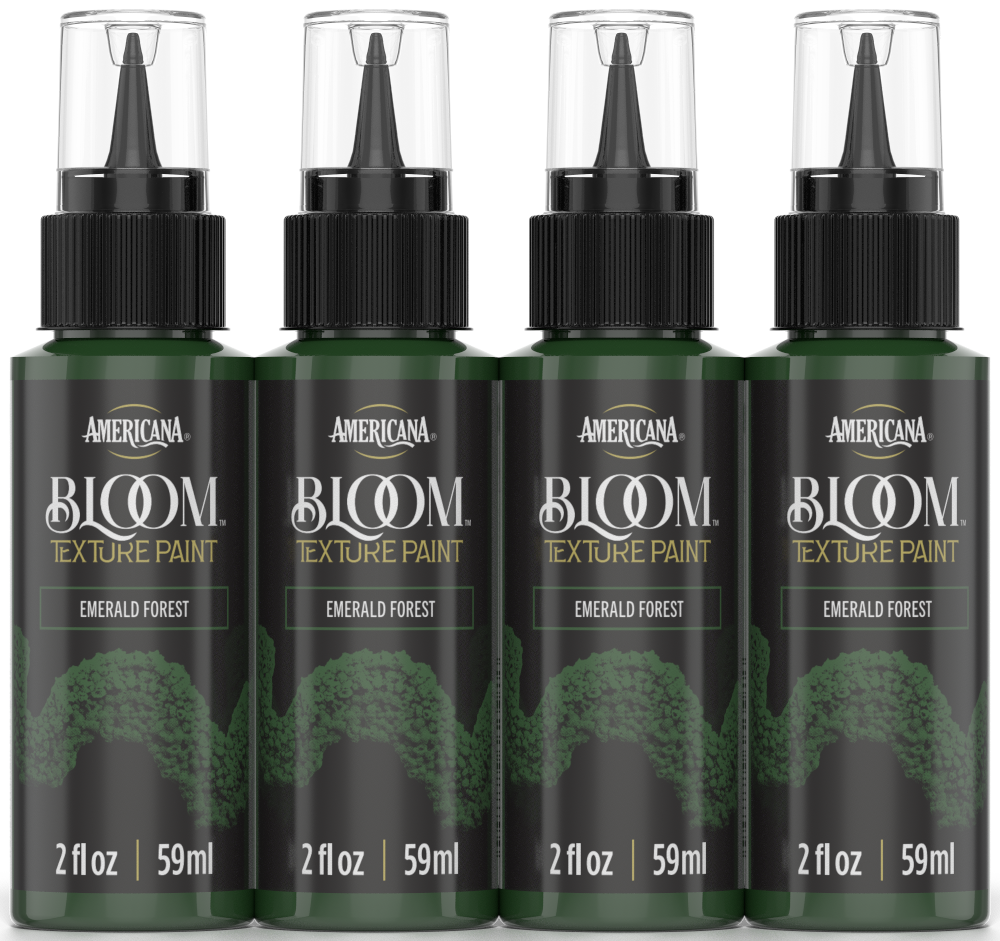 Retique It® Bloom Texture Paint 4-pack in Emerald Forest, showing four containers with textured green paint for decorative walls.