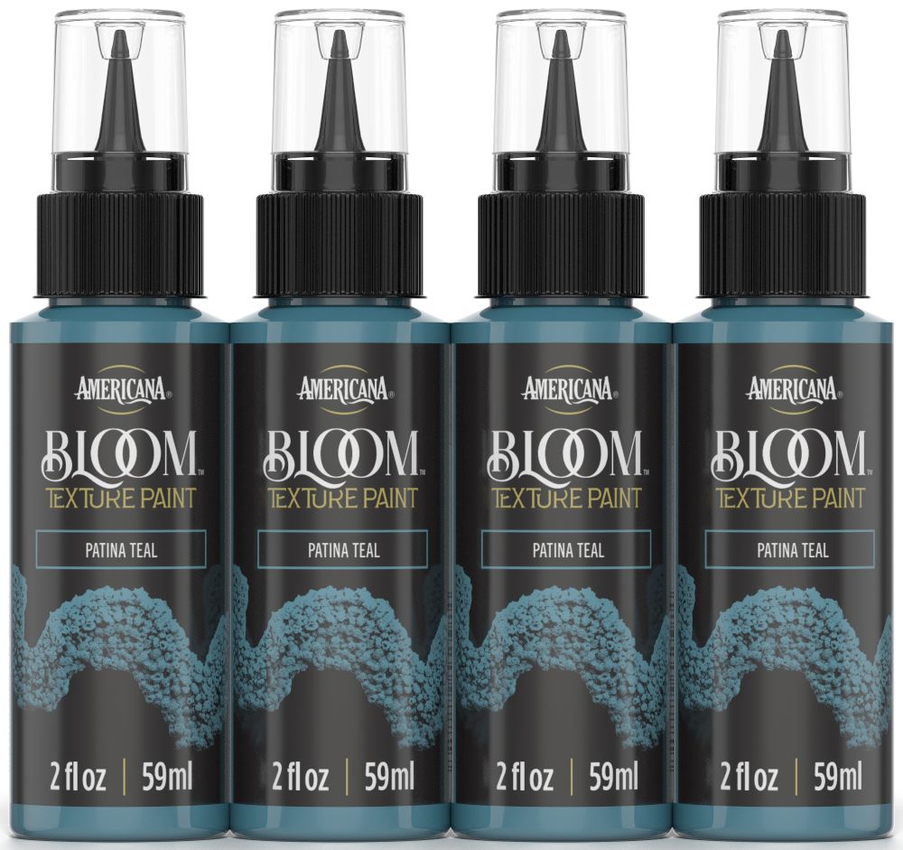 Retique It® Bloom Texture Paint 4-pack in Patina Teal, showcasing textured paint bottles with vibrant teal finish.