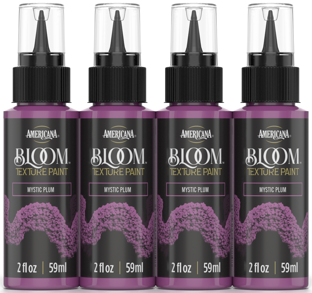 Retique It® Bloom Texture Paint 4-pack in Mystic Plum, featuring textured paint bottles with vibrant purple shades.