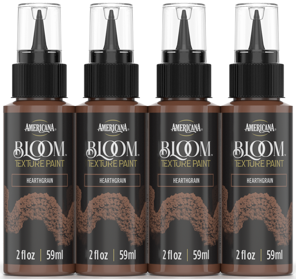 Retique It Bloom Texture Paint 4-pack in Hearthgrain finish, showing textured paint cans and color swatches.