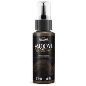 DecoArt Bloom Texture Paint in Battlefield Soil, showing textured paint application in earthy brown tones on a surface.