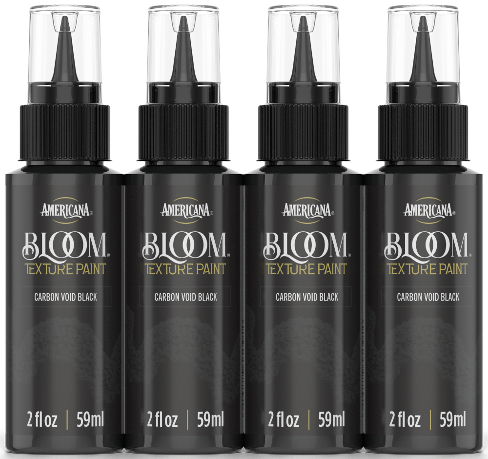 Retique It® Bloom Texture Paint 4-pack in Carbon Void Black, showing textured paint cans with black finish for home decor.