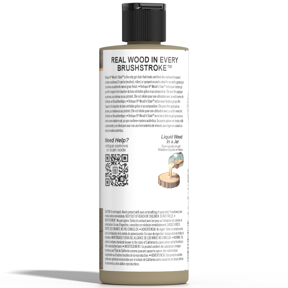 Retique It Liquid Wood Wood'n Stain in Drift Wood, 8 oz, showcasing the stain's natural wood finish and applicator brush.