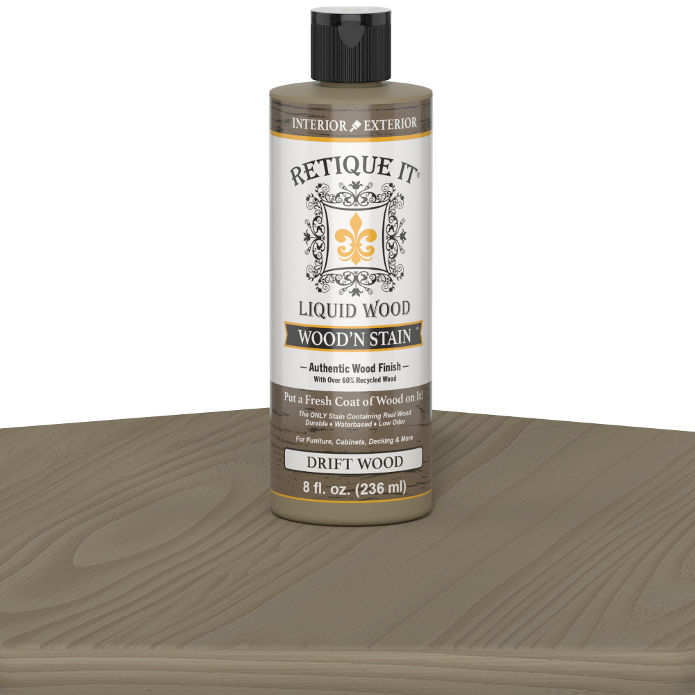 Retique It Liquid Wood Wood'n Stain in Drift Wood, 8 oz bottle, showcasing the natural wood stain and color for furniture or crafts.