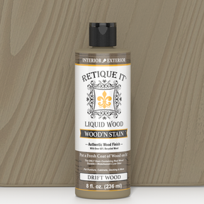 Retique It Liquid Wood Wood'n Stain in Drift Wood color, 8 oz bottle, showcasing the stain's natural wood finish and applicator tip.