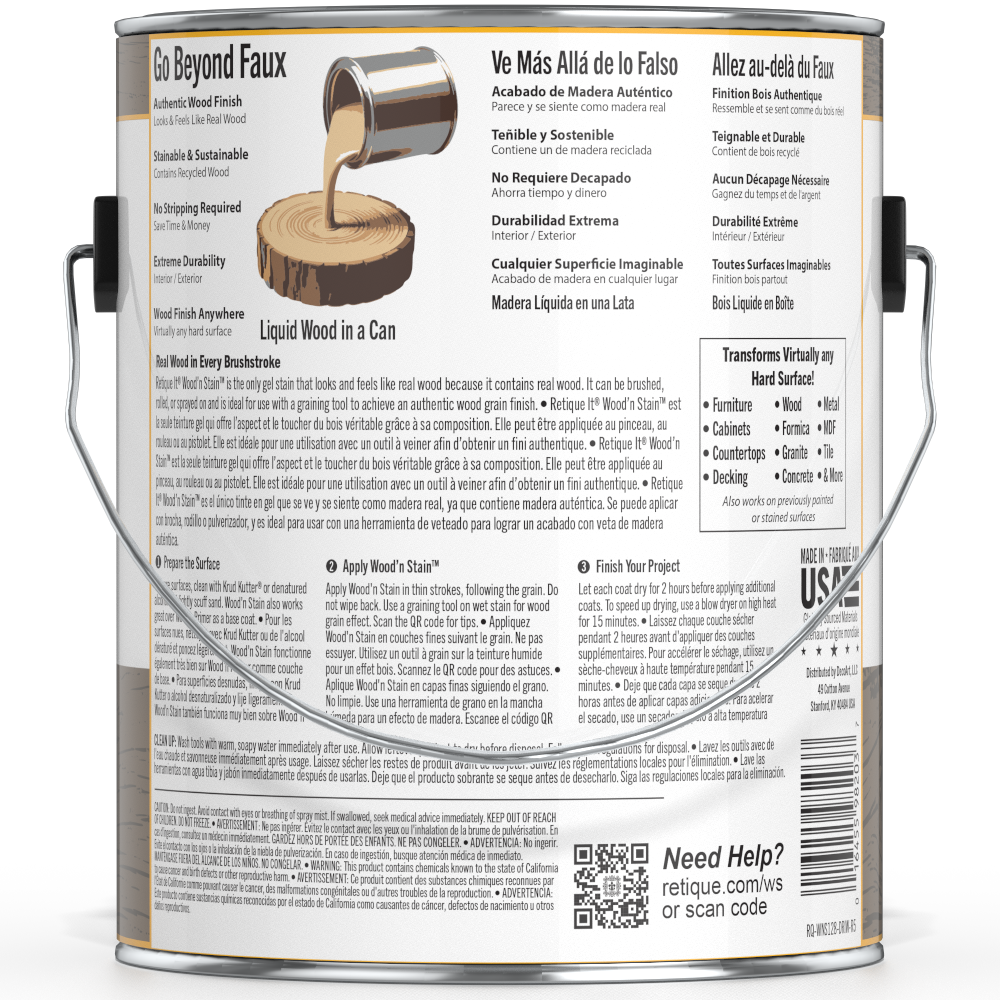 Liquid Wood Wood'n Stain by Retique It in Drift Wood, 128 oz, showcasing the stain's rich, natural wood finish on a surface.