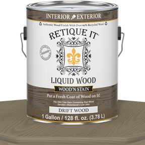 Liquid Wood Wood'n Stain in Drift Wood color by Retique It, 128 oz bottle, showing the stain's natural wood finish and branding.