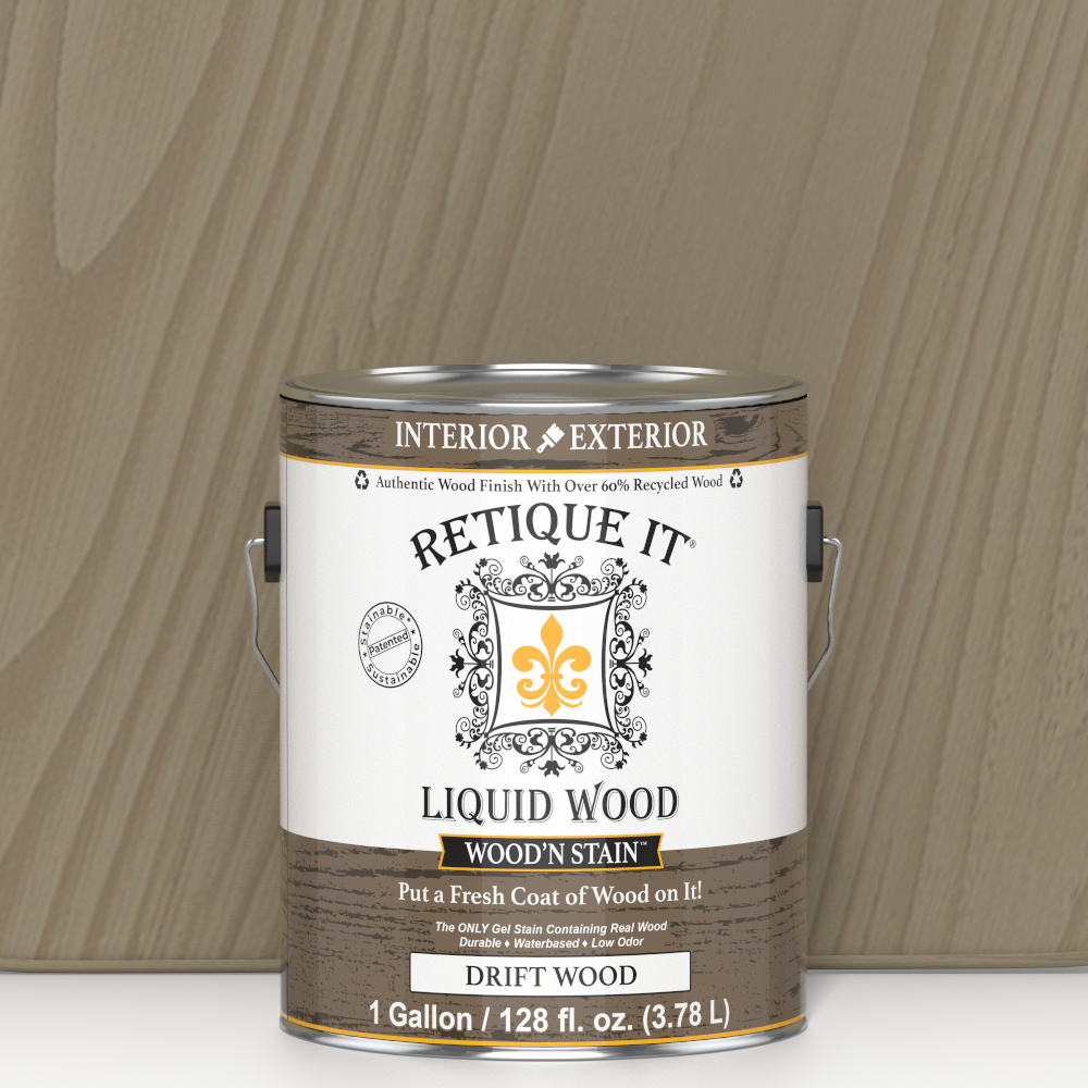 Liquid Wood Wood'n Stain by Retique It in Drift Wood color, 128 oz, showcasing the stain's rich, natural wood finish.