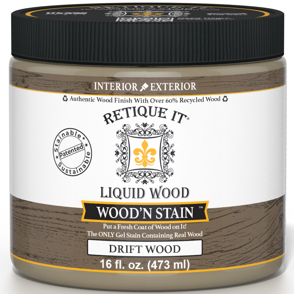 Liquid Wood Wood'n Stain in Drift Wood by Retique It, 16 oz bottle, showcasing the stain's natural wood finish and color.