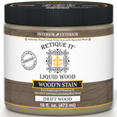 Liquid Wood Wood'n Stain in Drift Wood by Retique It, 16 oz bottle, showcasing the stain's natural wood finish and color.