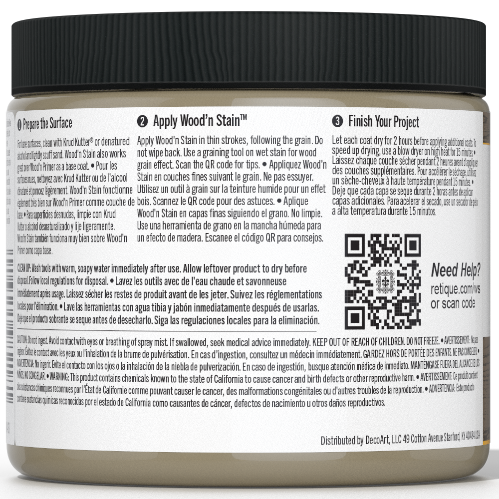 Retique It Liquid Wood Wood'n Stain in Drift Wood, 16 oz, showing the stain's natural wood finish and color on a surface.