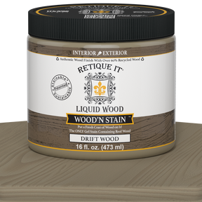 Retique It Liquid Wood Wood'n Stain in Drift Wood, 16 oz, showcasing a wood stain bottle with natural wood finish.