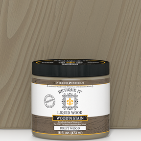 Retique It Liquid Wood Wood'n Stain in Drift Wood, 16 oz, showing a container of stain with wood grain sample on the label.