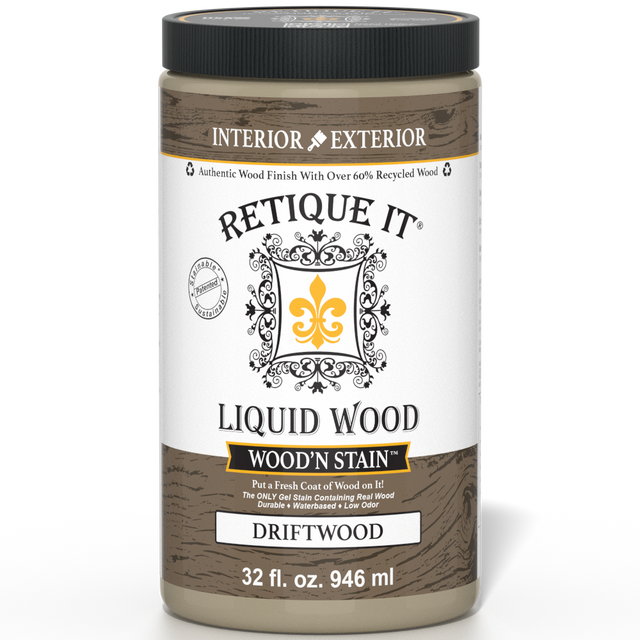 Retique It Liquid Wood Wood'n Stain in Drift Wood, 32 oz, showcasing the stain's color and texture on a wood surface.