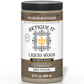 Liquid Wood Wood'n Stain in Drift Wood color by Retique It, 32 oz bottle, showing the stain's natural wood finish.
