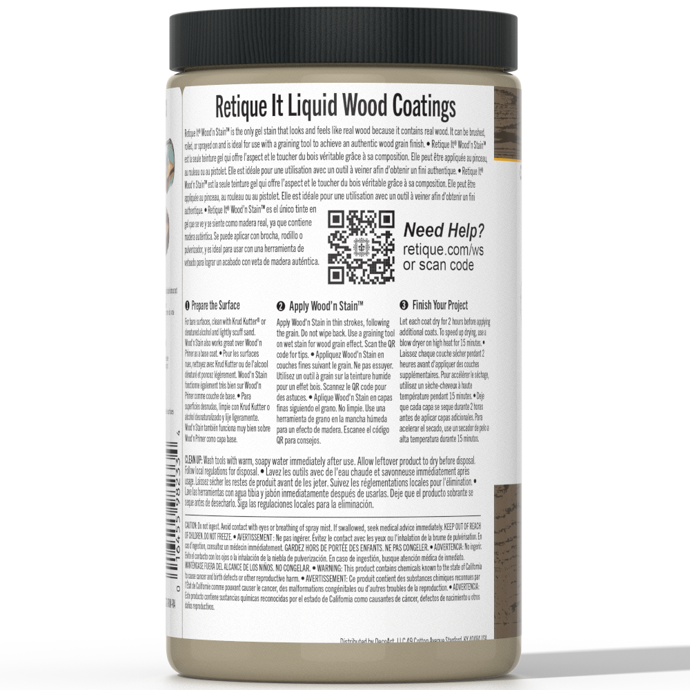 Retique It Liquid Wood Wood'n Stain in Drift Wood, 32 oz bottle, showing the stain and wood grain application.