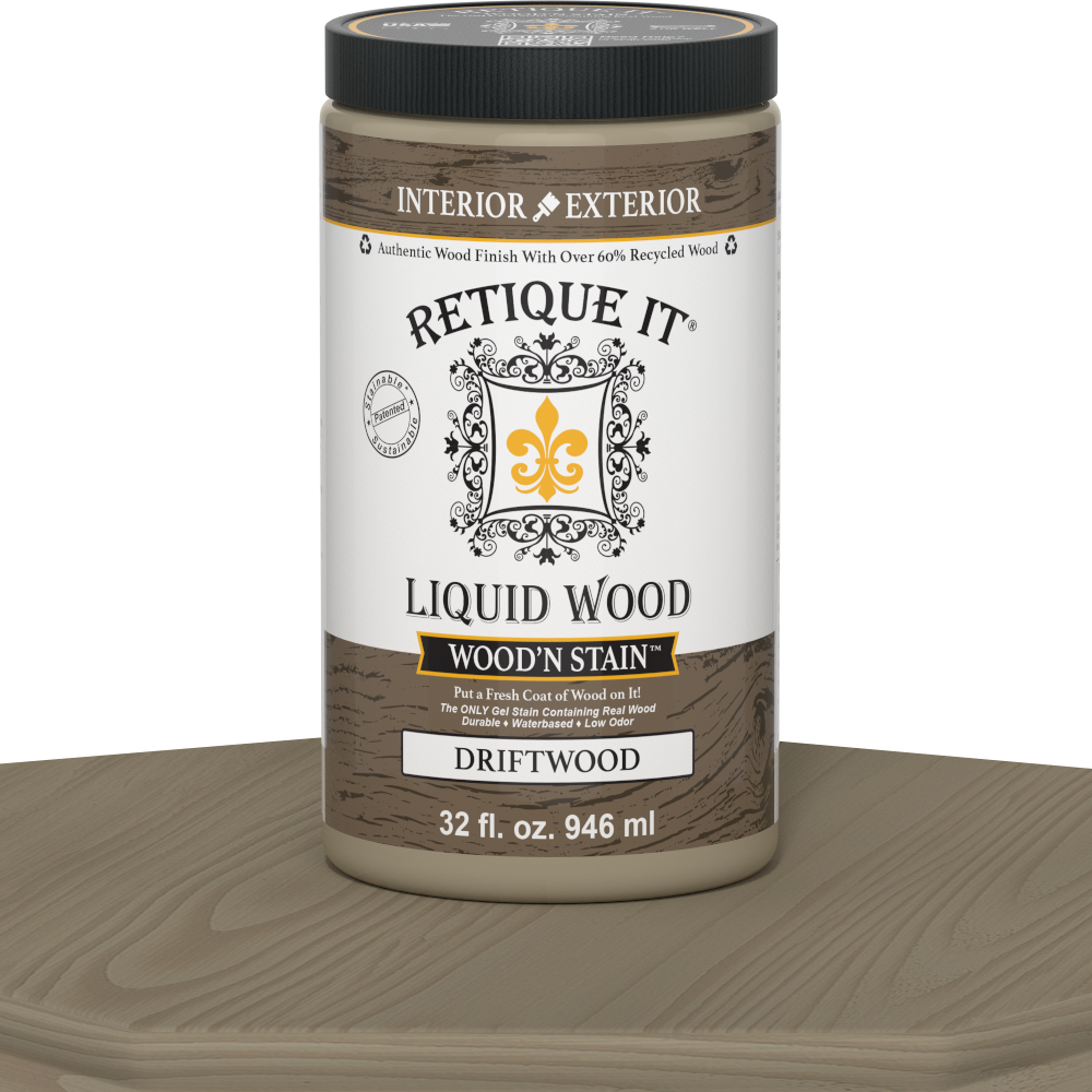 Retique It Liquid Wood Wood'n Stain in Drift Wood color, 32 oz bottle, showcasing the stain's natural wood finish and applicator.