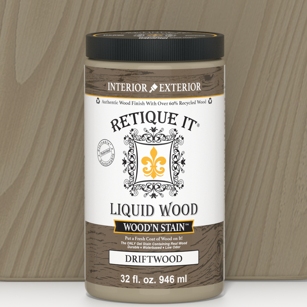 Liquid Wood Wood'n Stain by Retique It in Drift Wood, 32 oz, showing the stain's natural wood finish and applicator brush.