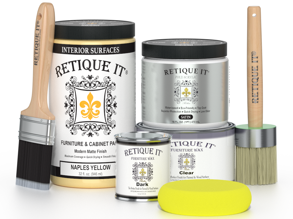 Retique It furniture wax and paint products with brushes on a white background