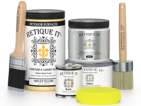 Retique It furniture wax and paint products with brushes on a white background