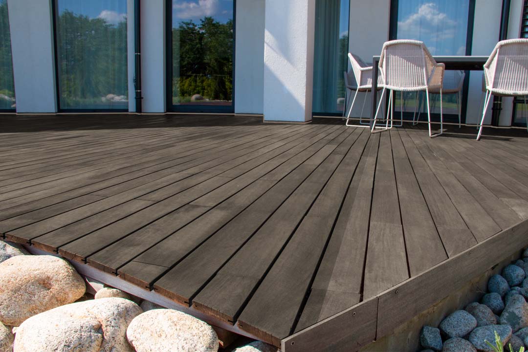 Retique It Decking Wood'n Smooth Kit in Harbor Gray stain, showing smooth wood decking surface with gray finish.