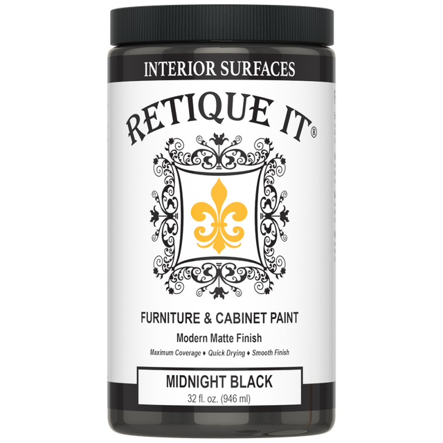 Retique It furniture and cabinet paint in Midnight Black, showcasing a sleek, smooth finish for home furniture projects.