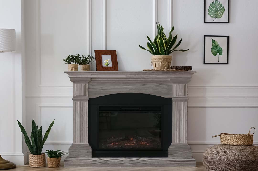 Retique It Fireplace Wood'n Finish Kit in Harbor Gray stain, featuring a full fireplace with wood grain detail.