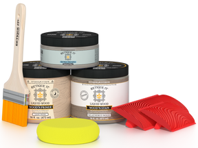 Retique It® Wood'n Finish Kit in Weathered Wood, medium size, featuring tools and materials for wood finishing projects.
