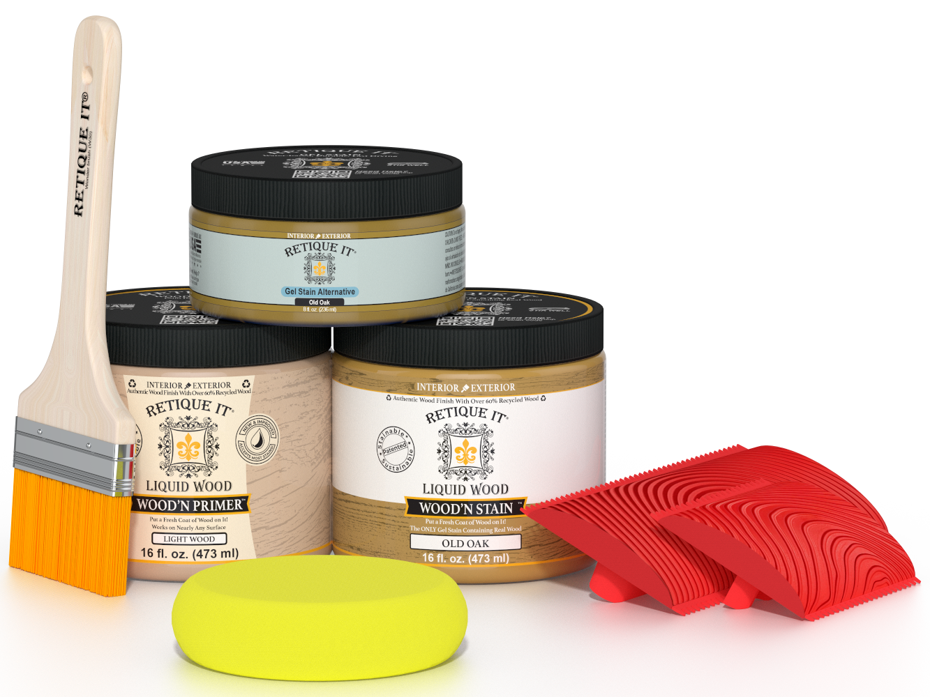 Retique It® Wood'n Finish Kit in Old Oak, medium size, with wood grain pattern and application brush included.
