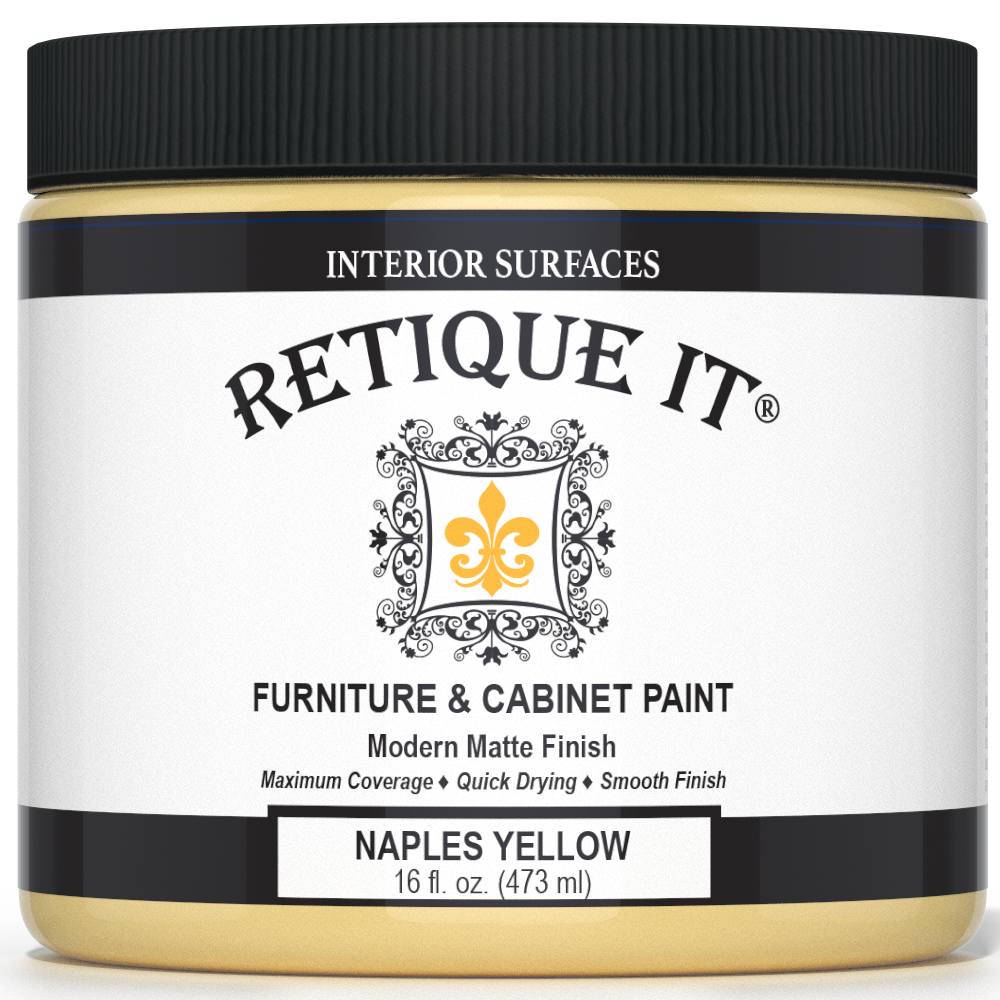 Retique It Furniture & Cabinet Paint in Naples Yellow, 16 fl. oz. jar with a black lid and modern matte finish label.